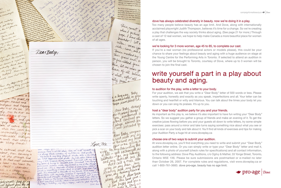 A double page spread of the Dear Body play announcement that explained how to audition by writing a letter to your body.