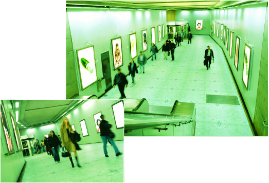 A subway corridor has been transformed into the Dove Cool Moisture photo exhibit. Green marble lines the floor and walls of the corridor and everything is in shades of cucumber green and green tea.