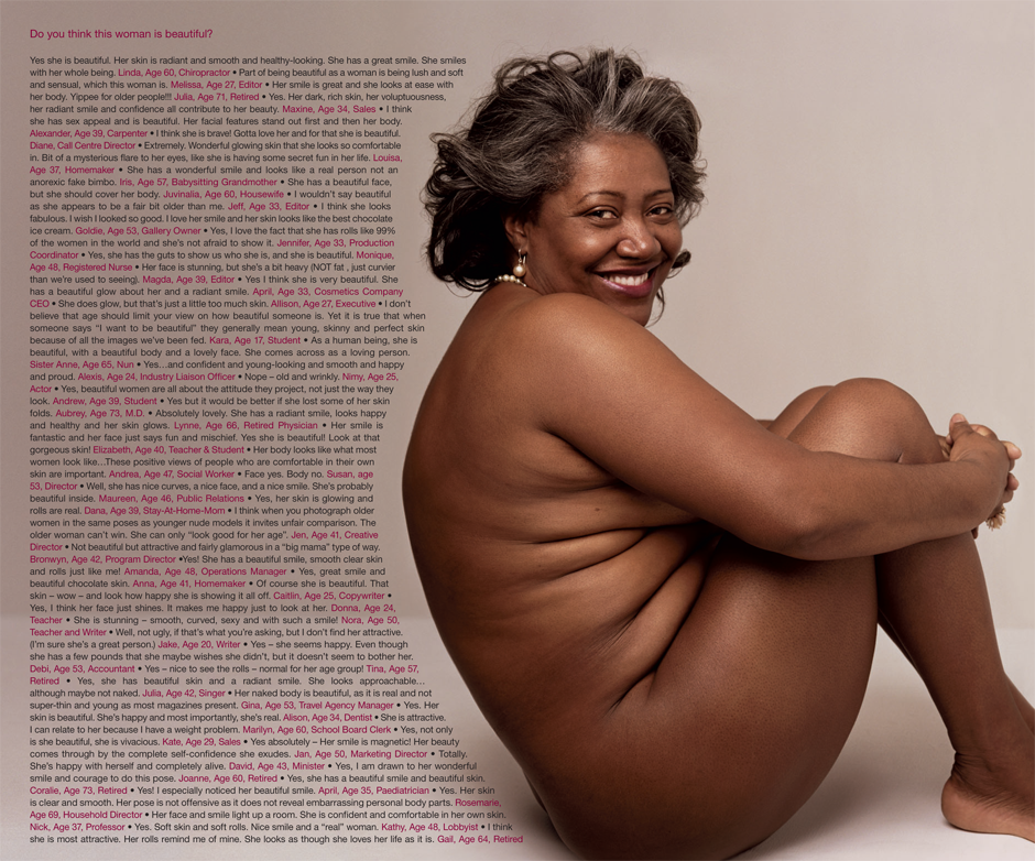 Globe & Mail International Women's Day insert showing older women in the nude and asking for commentary from the general public in order to start a conversation around beauty and aging. The front spread shows a beautiful black woman in her 50s tastefully photographed from the side.