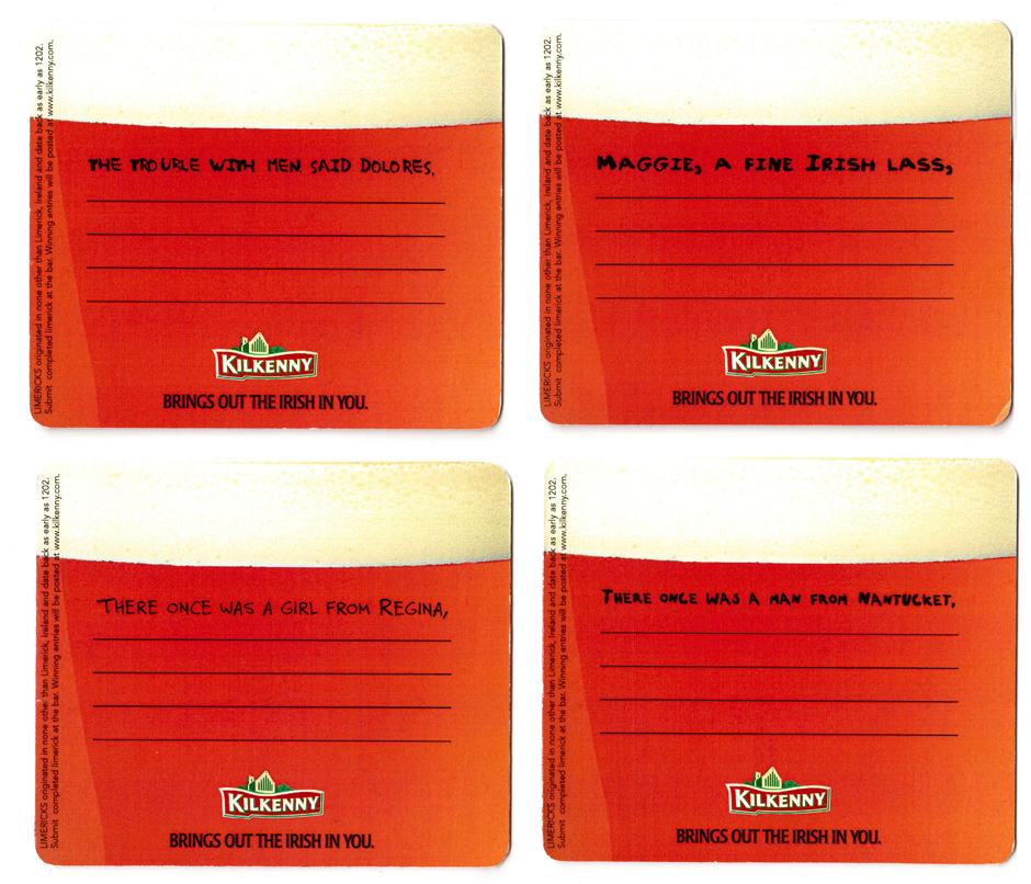 Beer coasters with space to write your own limerick.