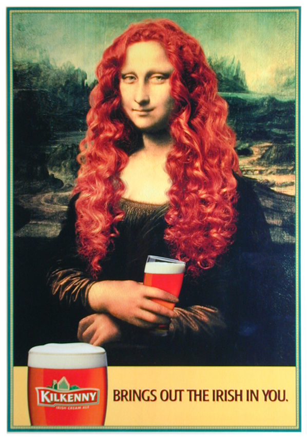 a red-headed mona lisa sits holding a glass of Kilkenny Irish Beer 