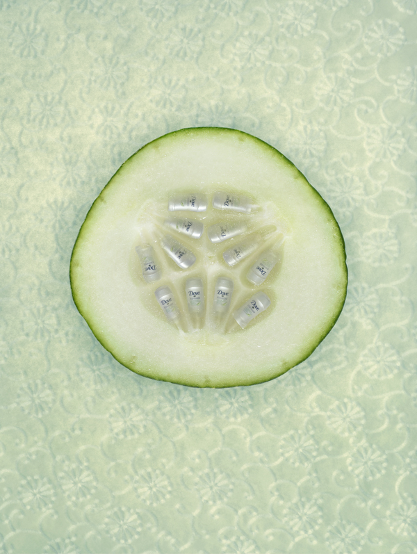 A cucumber slice contains tiny Dove Cool Moisture stick deoderants instead of seeds